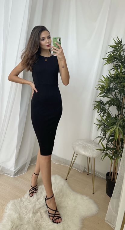 Siyah Viskon Kumaş Kalem Elbise