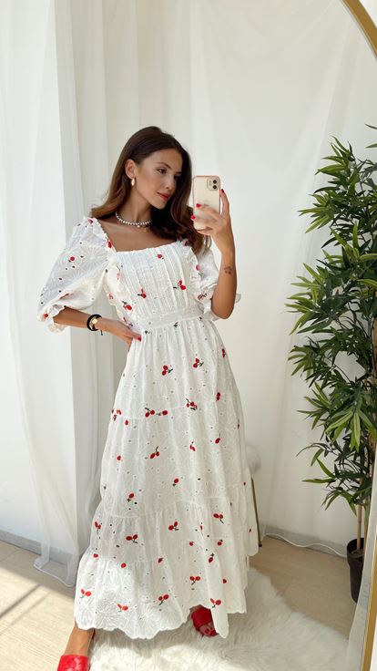 Kiraz Desenli Fisto Elbise