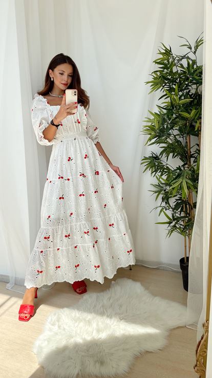 Kiraz Desenli Fisto Elbise