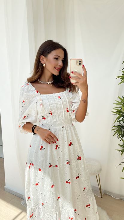 Kiraz Desenli Fisto Elbise