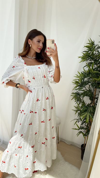 Kiraz Desenli Fisto Elbise