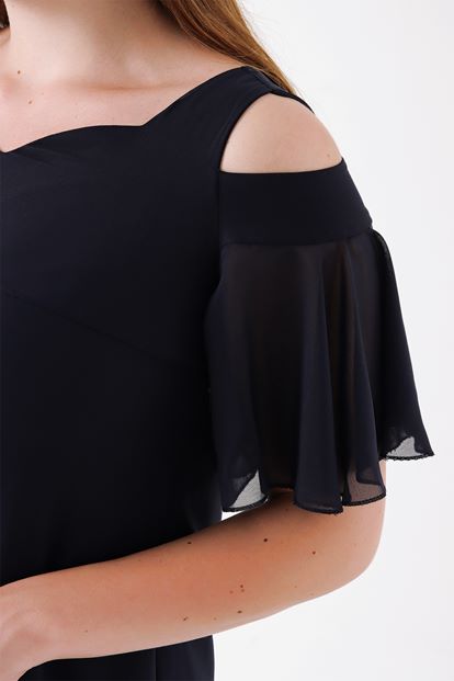 Lacivert Büyük Beden Kol Detay Şifon Elbise