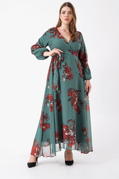 Yeşil Büyük Beden Çiçek Desen Şifon Elbise