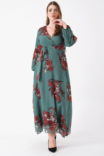 Yeşil Büyük Beden Çiçek Desen Şifon Elbise