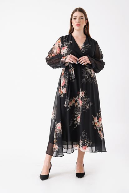 Siyah Büyük Beden Çiçek Desen Şifon Elbise