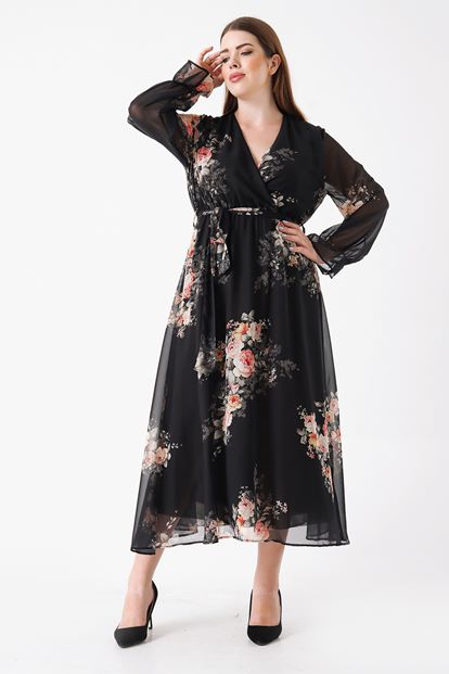 Siyah Büyük Beden Çiçek Desen Şifon Elbise