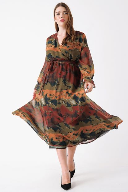 Kahverengi Büyük Beden Desenli Şifon Elbise