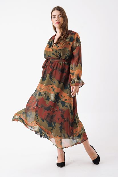 Kahverengi Büyük Beden Desenli Şifon Elbise