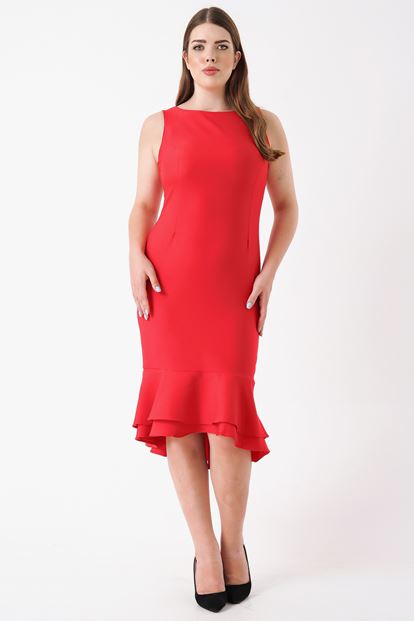 Kırmızı Büyük Beden Eteği Volanlı Elbise