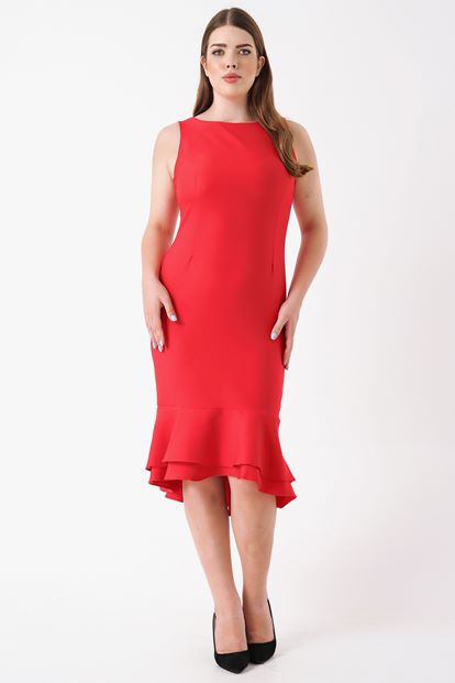 Kırmızı Büyük Beden Eteği Volanlı Elbise