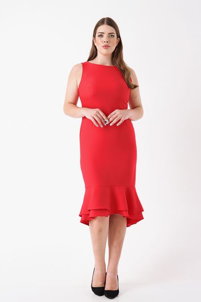 Kırmızı Büyük Beden Eteği Volanlı Elbise