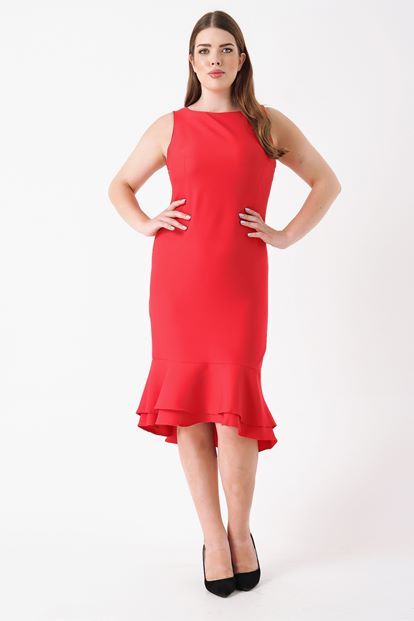 Kırmızı Büyük Beden Eteği Volanlı Elbise