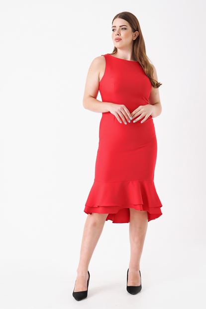 Kırmızı Büyük Beden Eteği Volanlı Elbise