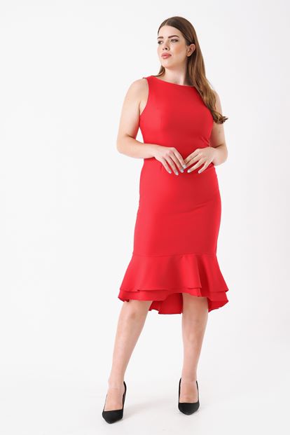 Kırmızı Büyük Beden Eteği Volanlı Elbise