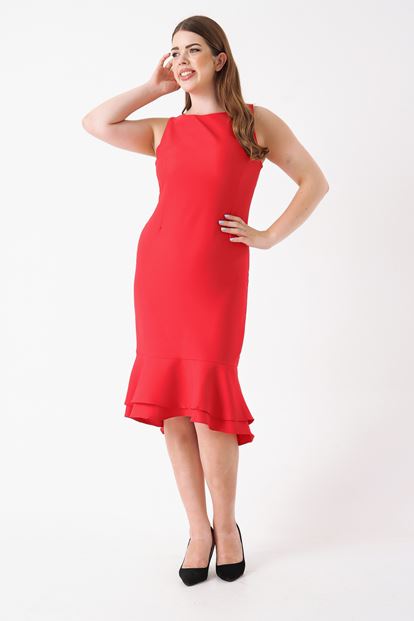 Kırmızı Büyük Beden Eteği Volanlı Elbise
