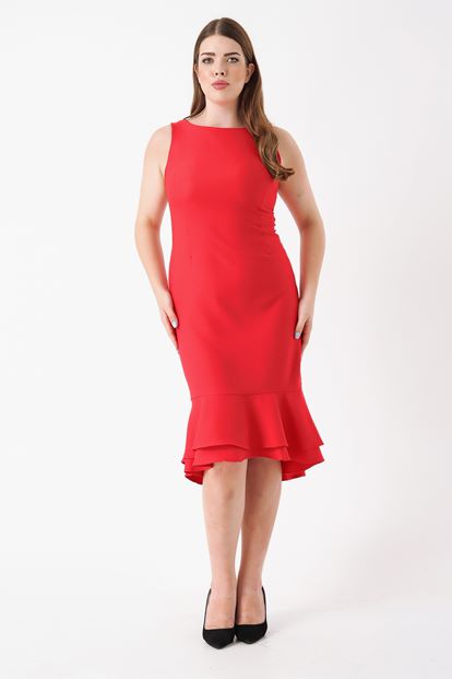 Kırmızı Büyük Beden Eteği Volanlı Elbise