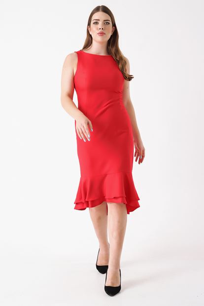 Kırmızı Büyük Beden Eteği Volanlı Elbise