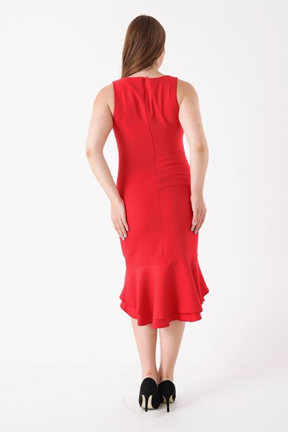 Kırmızı Büyük Beden Eteği Volanlı Elbise