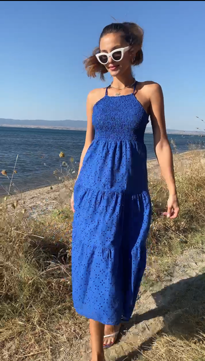 Mavi İp Askılı Fisto Elbise