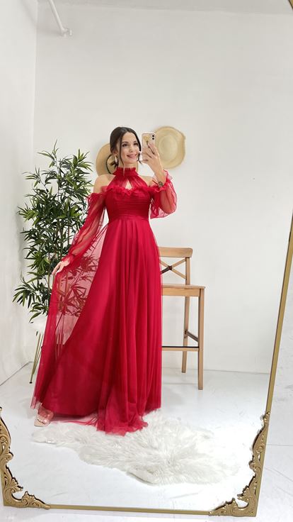 Kırmızı Tül abiye Elbise
