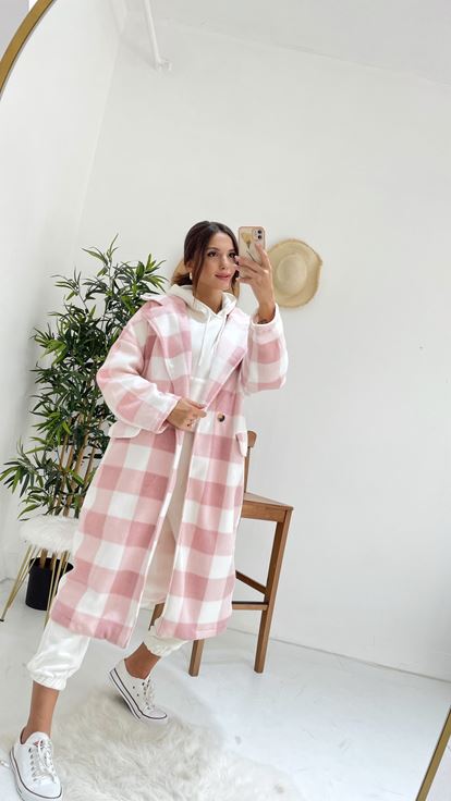 Pembe Renkli Ekose Cepli Astarlı  Ceket