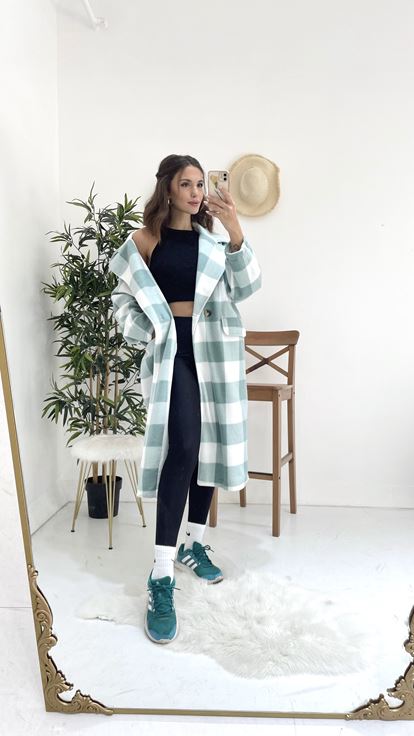 Green Color Plaid Pocket Detail Coat