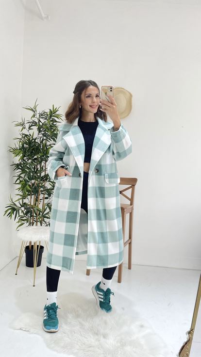 Green Color Plaid Pocket Detail Coat
