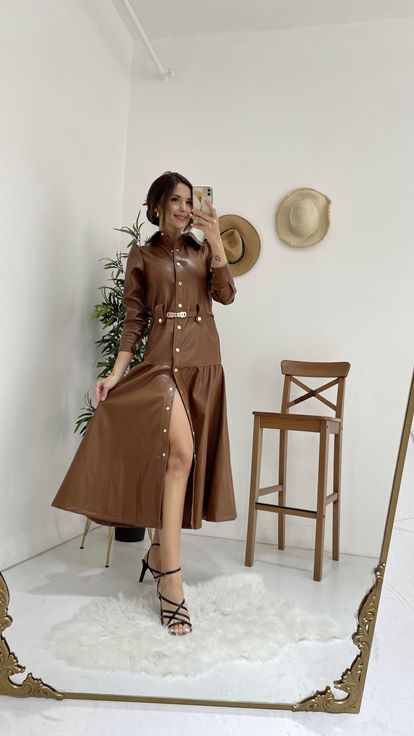 Kahverengi Kemerli Deri Elbise