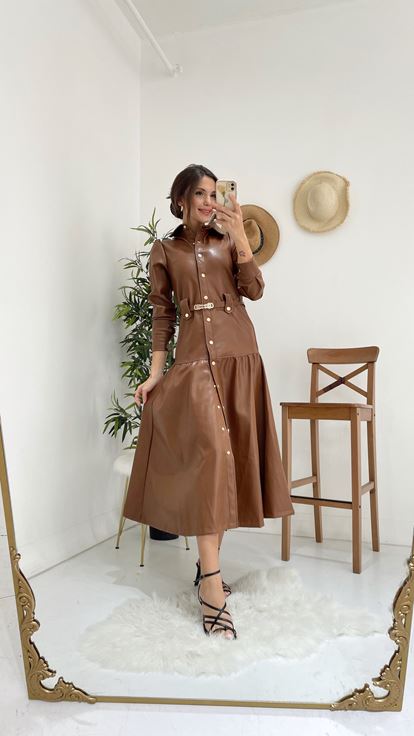 Kahverengi Kemerli Deri Elbise
