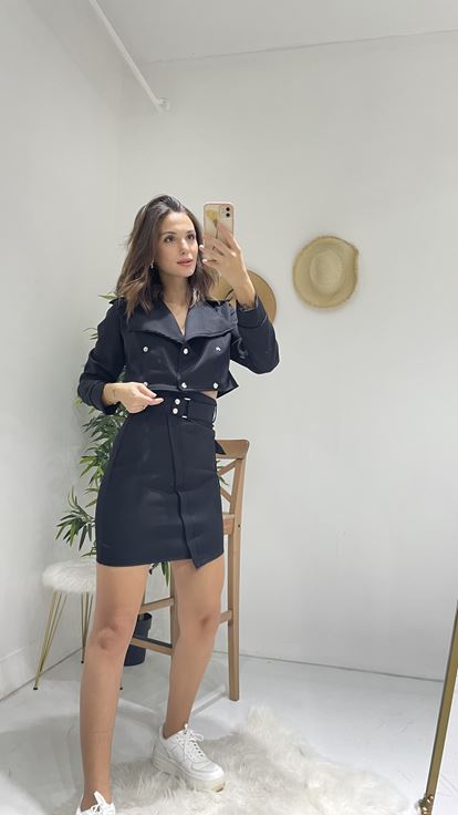 Siyah Crop Ceket Etek Takım