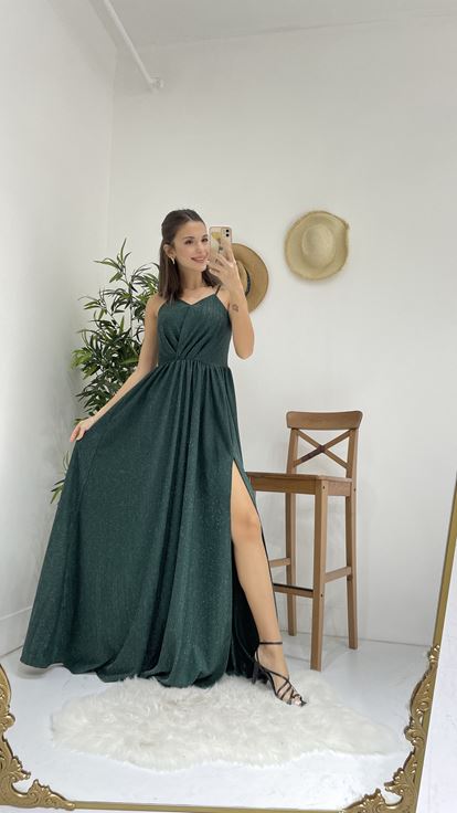 Yeşil İp Askılı Simli Kumaş Yırtmaçlı Abiye Elbise