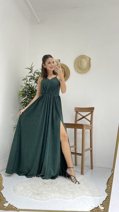 Yeşil İp Askılı Simli Kumaş Yırtmaçlı Abiye Elbise