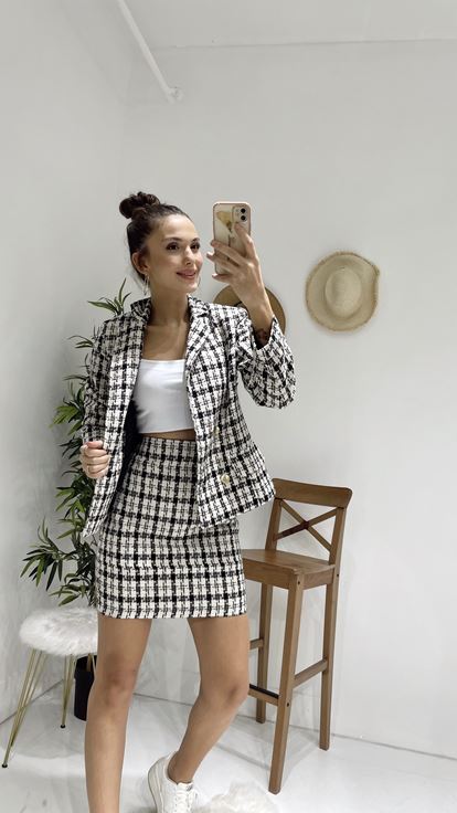 Siyah Ekose Kaşe Ceket Etek İkili Takım