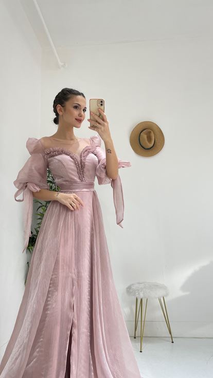 Pudra Kayik Yaka Prenses Model Abiye Elbise