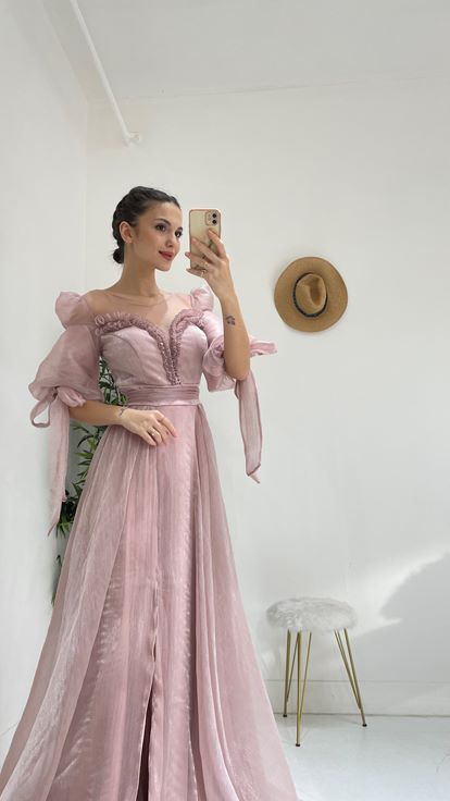 Pudra Kayik Yaka Prenses Model Abiye Elbise