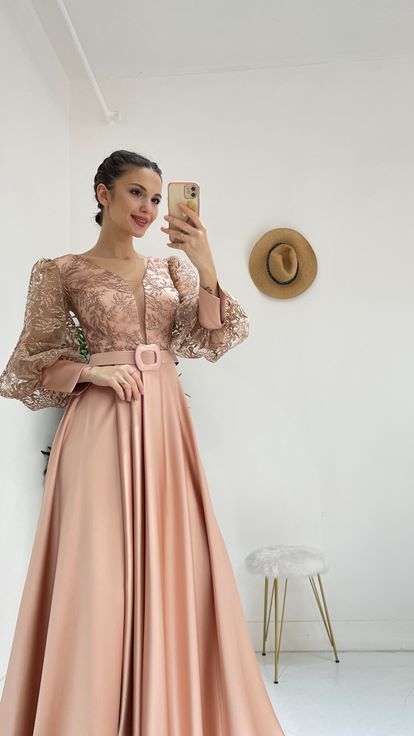 Pudra Kemerli Balon Kol Abiye Elbise