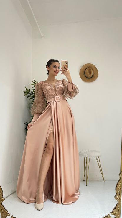 Pudra Kemerli Balon Kol Abiye Elbise