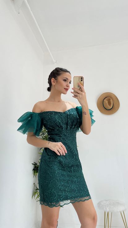 Yeşil Güpürlü Tül Abiye Elbise