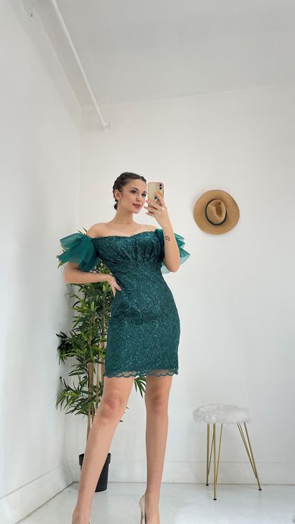 Yeşil Güpürlü Tül Abiye Elbise