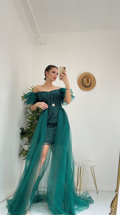Yeşil Güpürlü Tül Abiye Elbise