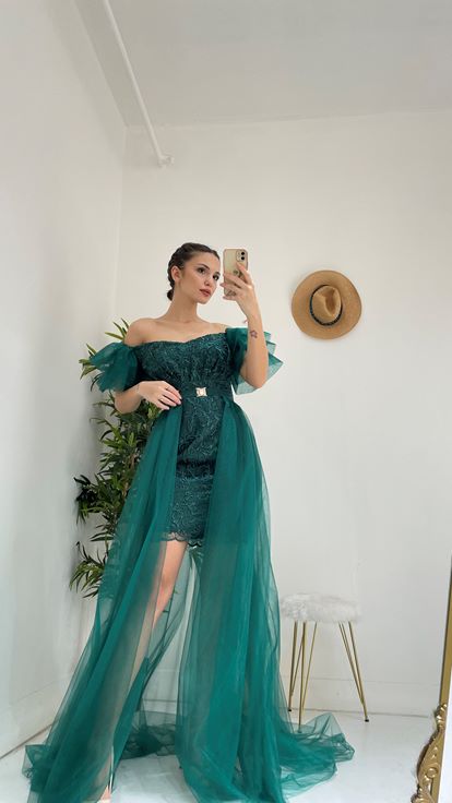 Yeşil Güpürlü Tül Abiye Elbise