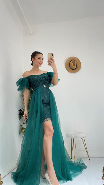 Yeşil Güpürlü Tül Abiye Elbise
