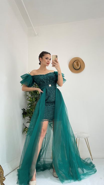 Yeşil Güpürlü Tül Abiye Elbise