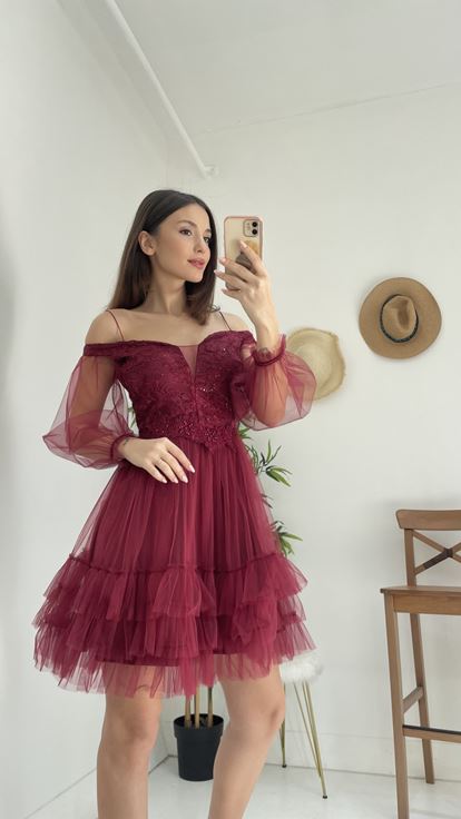 Bordo İp Askılı Eteği Fırfırlı Tül Elbise