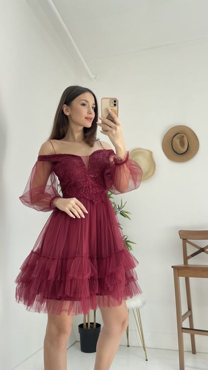 Bordo İp Askılı Eteği Fırfırlı Tül Elbise