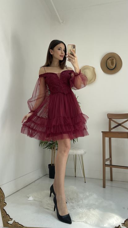 Bordo İp Askılı Eteği Fırfırlı Tül Elbise
