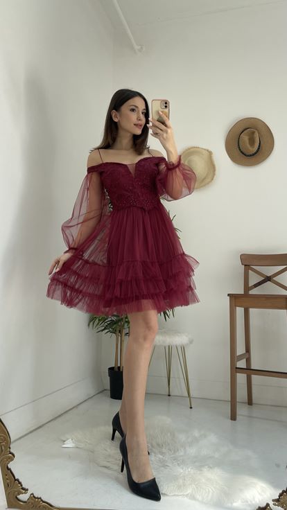 Bordo İp Askılı Eteği Fırfırlı Tül Elbise