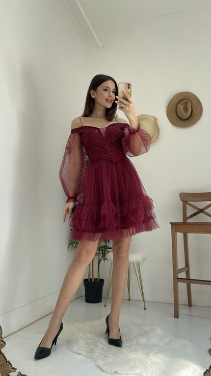 Bordo İp Askılı Eteği Fırfırlı Tül Elbise