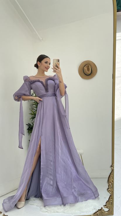 Lila Kayık Yaka Prenses Model Abiye Elbise