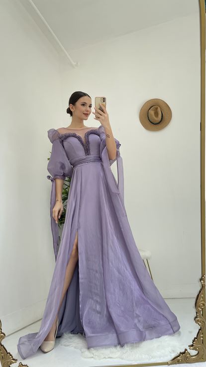Lila Kayık Yaka Prenses Model Abiye Elbise